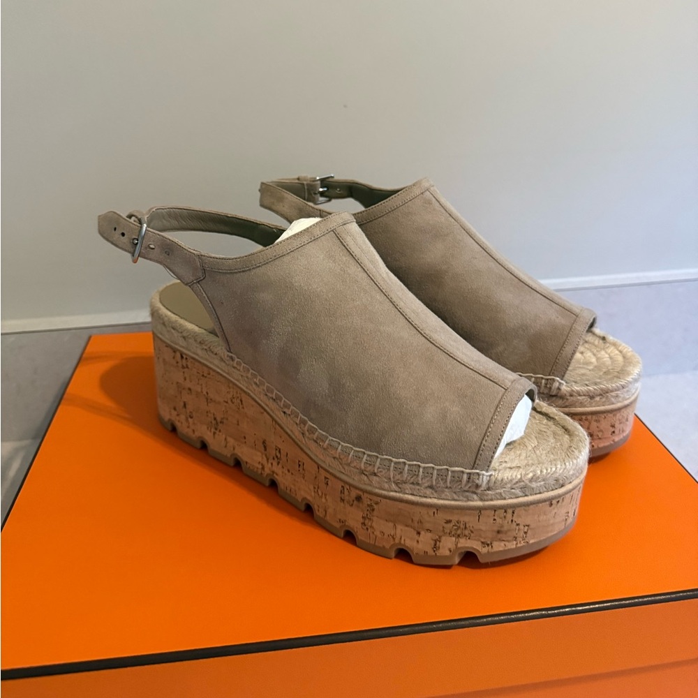 AUTHENTIC WOMENS HERMES ENVIE 30 SUEDE PLATFORM SANDALS, SHOES, SIZE 39